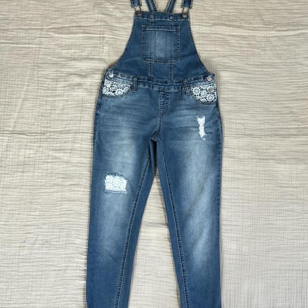 Justice super skinny mid rise jean overalls with lace details